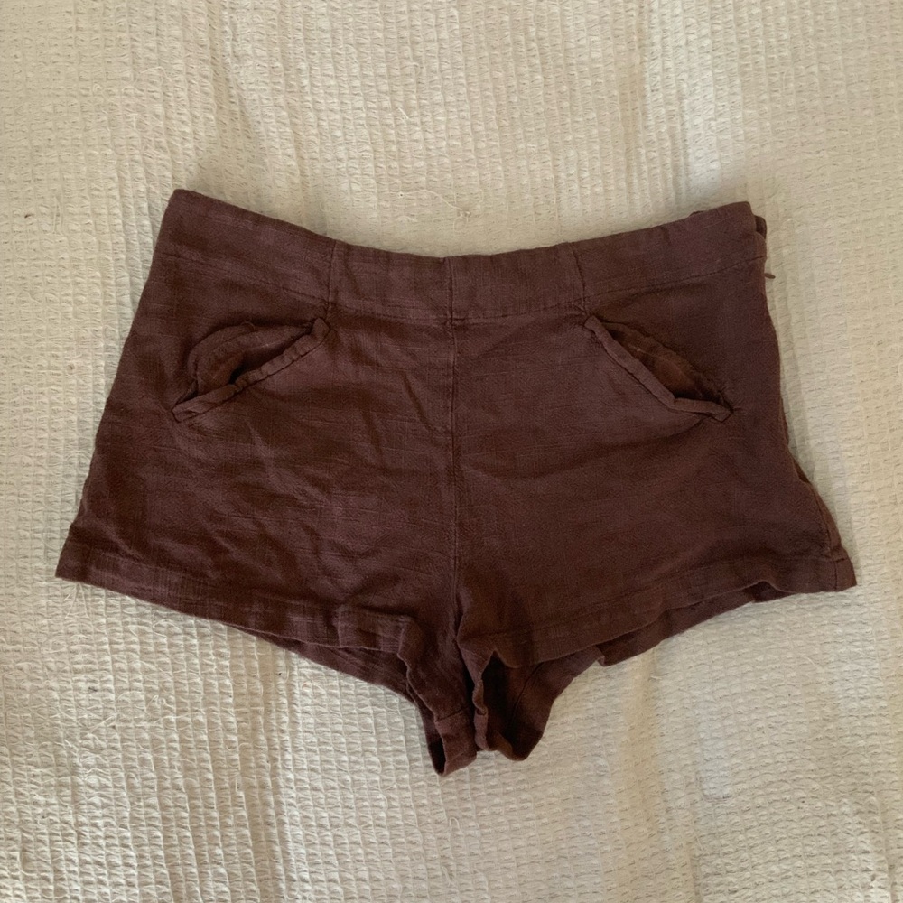 Free People Brown Linen Micro Pocket Mini Shorts Festival Outdoor Size 4 Small